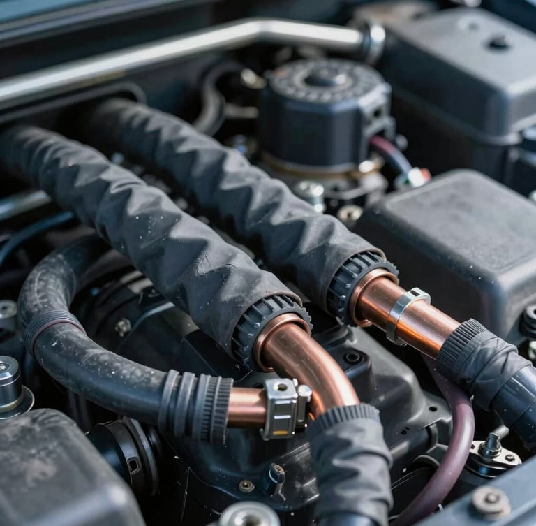 Tight macro shot of a clean dual-battery wiring loom in a 4WD engine bay, featuring heavy-duty cabling and neat heat-shrink connections under crisp cool daylight.