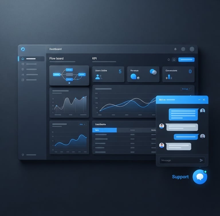Minimalist UI mockup of a modern website with an active electric blue chat widget on the bottom right, clean dashboard data flows, cool studio lighting, deep slate background, sharp focus