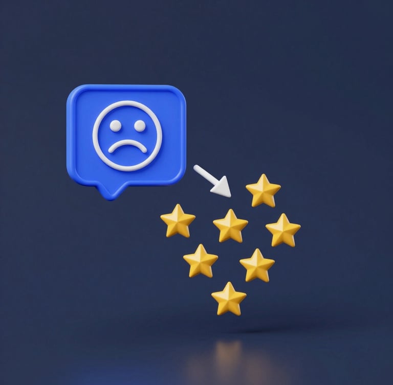 Clean 3D render illustrating a digital message bubble with a sad face icon being redirected into a private, secure data channel, while positive review stars flow freely to a public platform. Deep slate and electric blue, minimalist tech aesthetic, cool studio lighting, sharp focus