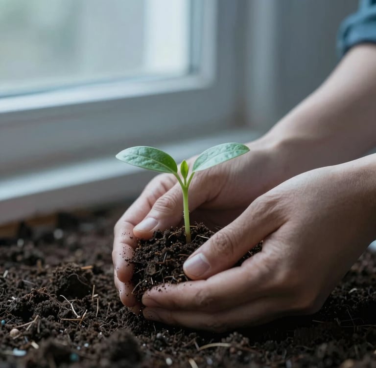 Medium close-up of hands gently planting a small green seedling into rich dark soil, soft cool diffused morning light, muted slate blue tones, shallow depth of field.