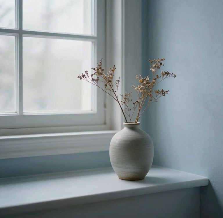 A clean, organized room corner bathed in soft morning window light, a single ceramic vase with delicate dried botanicals, muted blue and slate tones, shallow depth of field