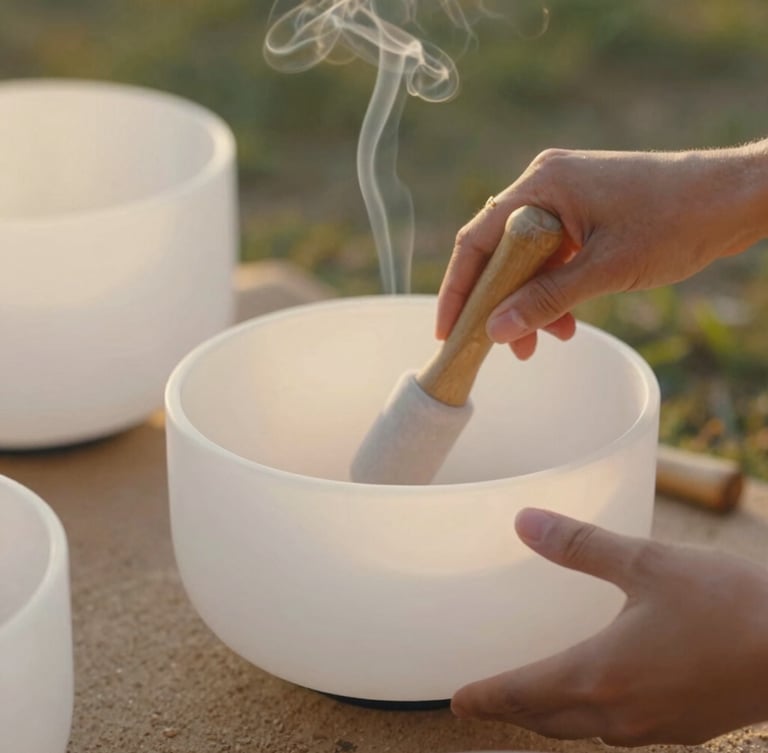 Detailed close-up shot of hands gently striking a frosted quartz sound bowl with a mallet, soft golden hour lighting, delicate incense smoke drifting in the background, warm sand and sage green color palette, shallow depth of field.