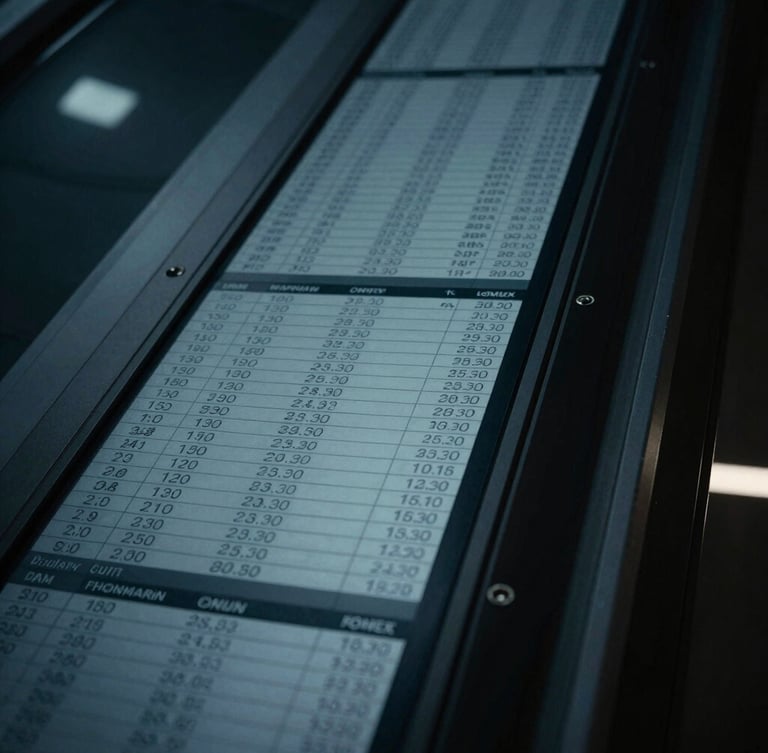 Close-up of structured data on a dark screen in a low-key corporate environment, cool blue tones, sharp architectural lines, 35mm