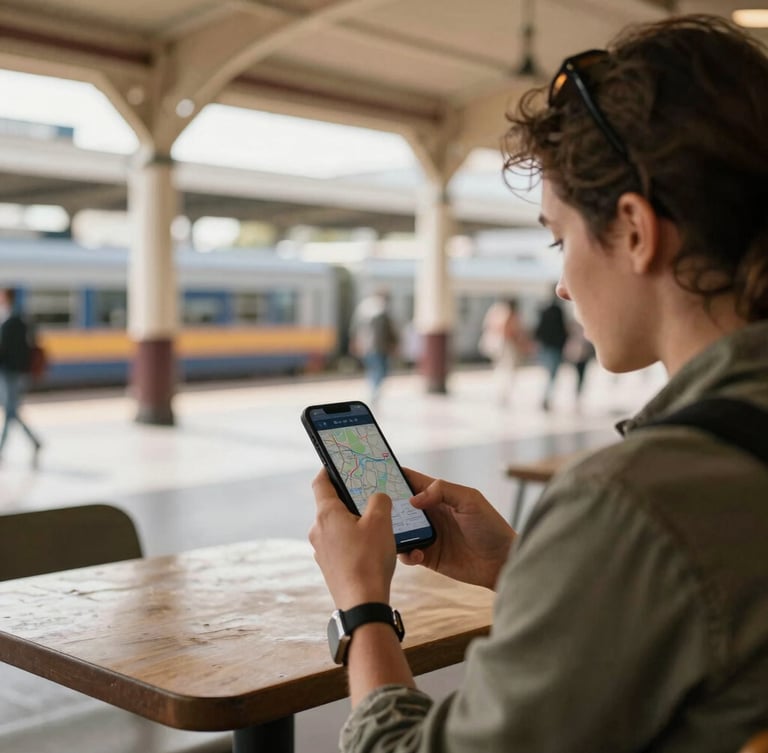 Candid medium shot of a traveler sitting in a sunlit train station cafe, holding a smartphone showing a map, warm editorial travel photography