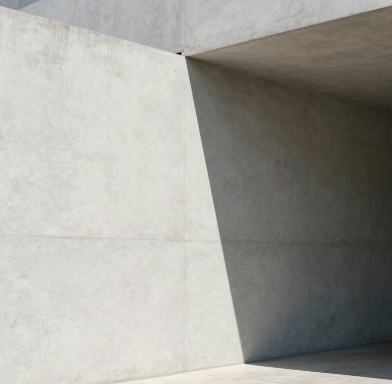 Minimalist architectural corner with sharp intersecting shadows on a clean light concrete wall, soft natural daylight, high contrast, conveying structure and clarity.