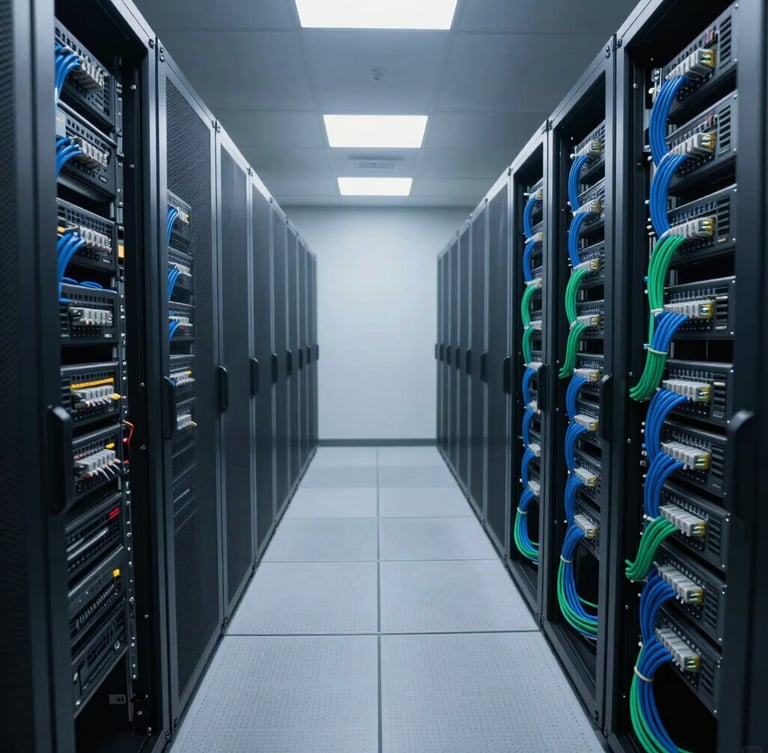 Cinematic wide angle shot of a pristine corporate server room, perfectly organized blue and green ethernet cables, soft overhead lighting, highly professional setup.