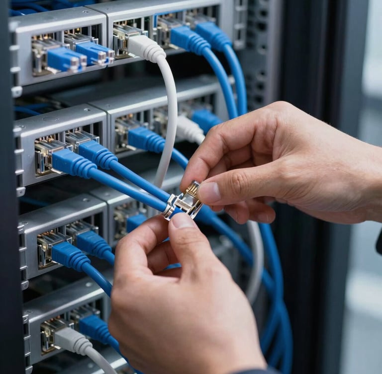 Close-up of a professional IT engineer's hands organizing flawless blue and white ethernet cables in a clean, modern server rack, bright daylight with cool ambient tech glow.