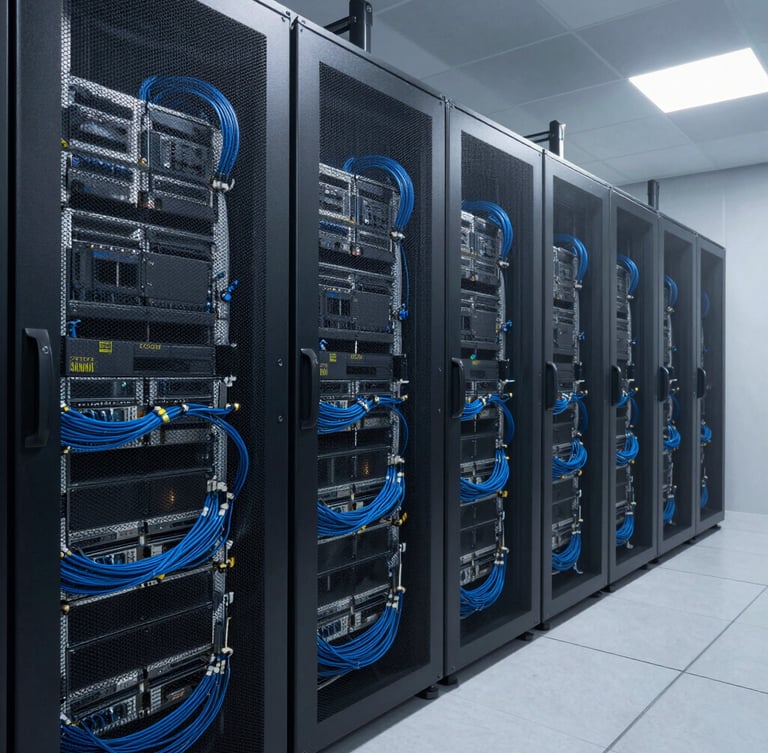 Wide environmental shot of a clean, hyper-modern server room with immaculate blue cabling, soft ambient tech lighting, highly organized racks, high clarity and contrast, no people.