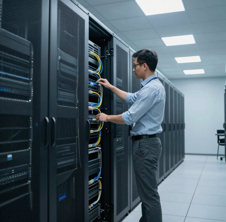 Wide environmental shot of a modern, immaculate corporate server room, a professional network engineer in business casual attire inspecting clean cabling under bright, cool-toned ambient LED lighting, high clarity.
