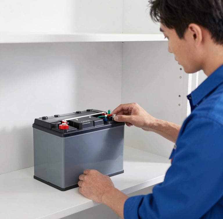 A professional electrical technician in a neat blue uniform installing a heavy tubular battery in a clean utility closet, natural daylight, crisp 50mm lens