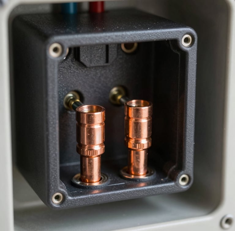 Macro shot of a heavy-duty whole-home surge protection device with clean copper-to-copper connections inside a matte charcoal electrical panel, sharp technical utility lighting.