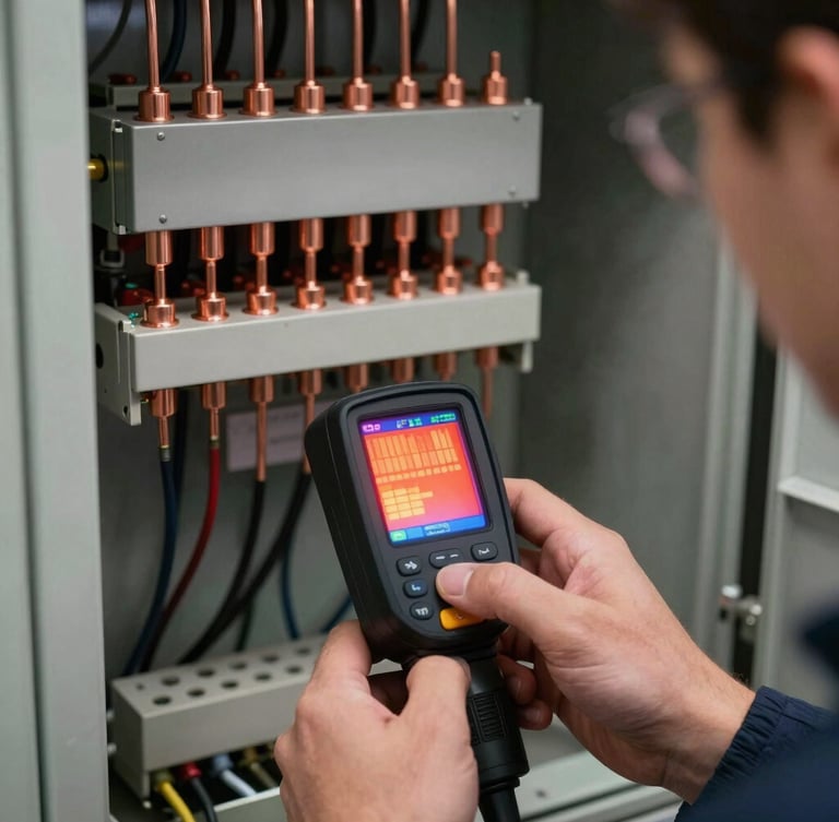 Close-up of a technician's hands using a thermal imaging camera to verify heat signatures on clean copper-to-copper connections inside a newly upgraded electrical panel.