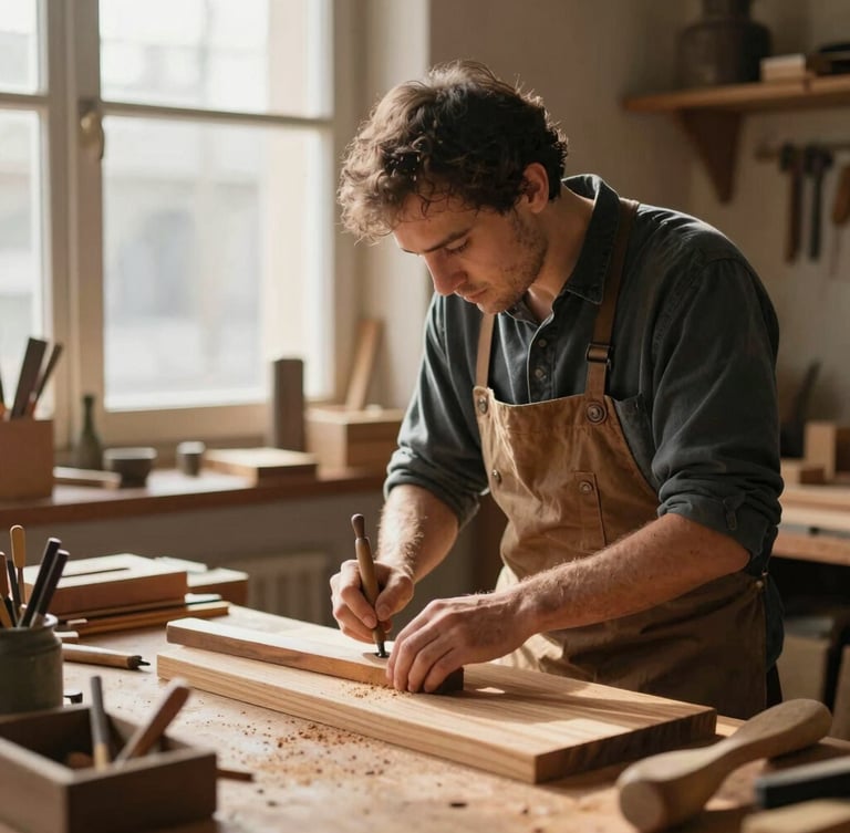 Warm editorial photography of a local Italian carpenter in his workshop, soft natural daylight filtering through the window, rich wood textures, shallow depth of field, authentic environment.