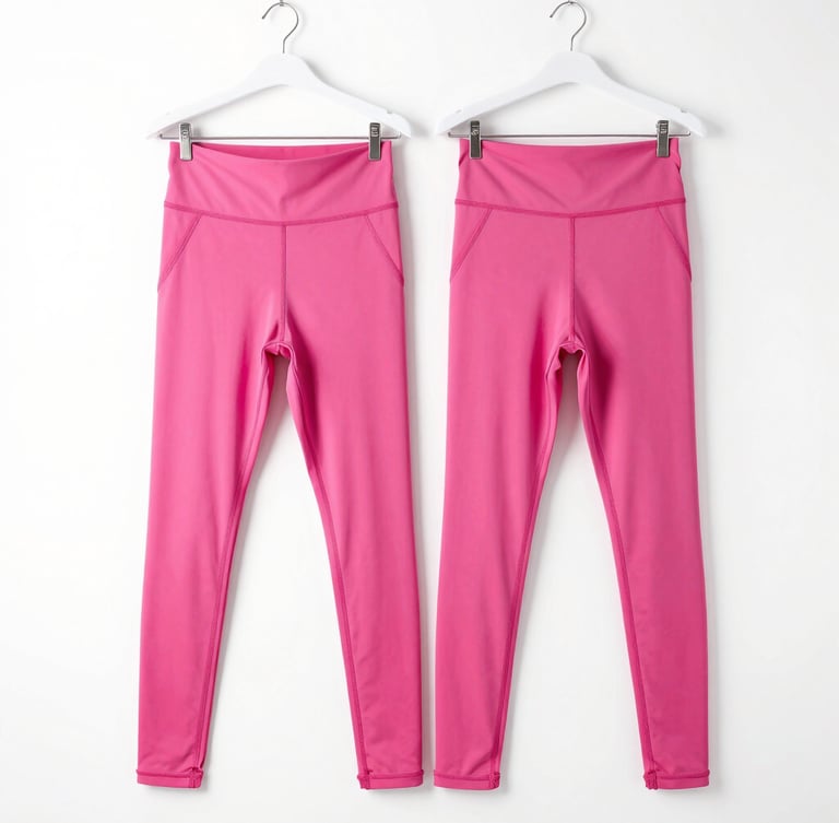 Bright commercial fashion photography, high-key studio lighting, modern pink leggings and activewear top displayed on a minimalist hanger against a clean white background, sharp focus.