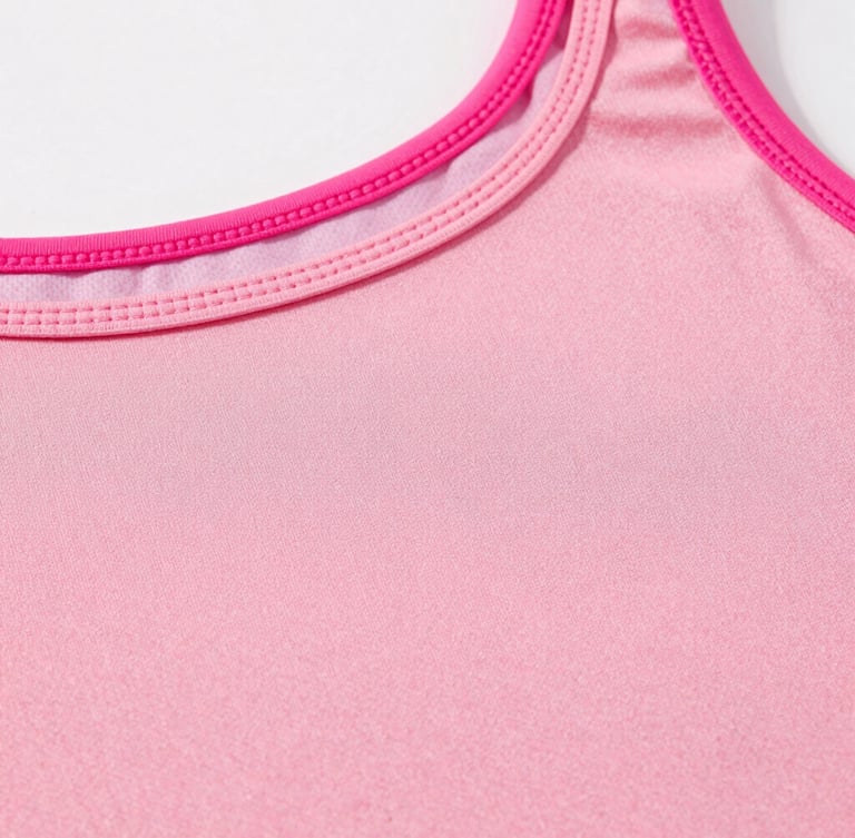 Close-up of high-quality pink activewear fabric texture, detailed stitching, clean bright studio lighting, professional textile presentation.