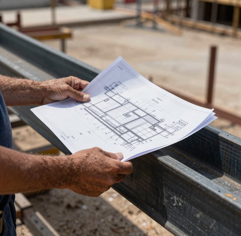 Close-up of weathered hands holding a detailed blueprint over a steel beam on an active construction site, high contrast.