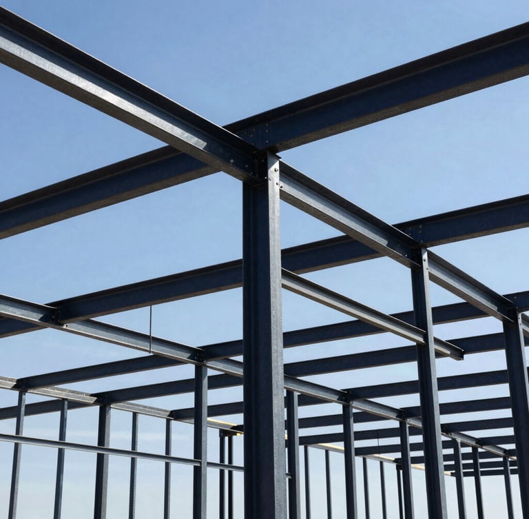 Low-angle architectural shot of a massive engineered metal barn frame under construction, heavy steel beams bolted together, harsh high-contrast Texas sunlight, deep depth of field