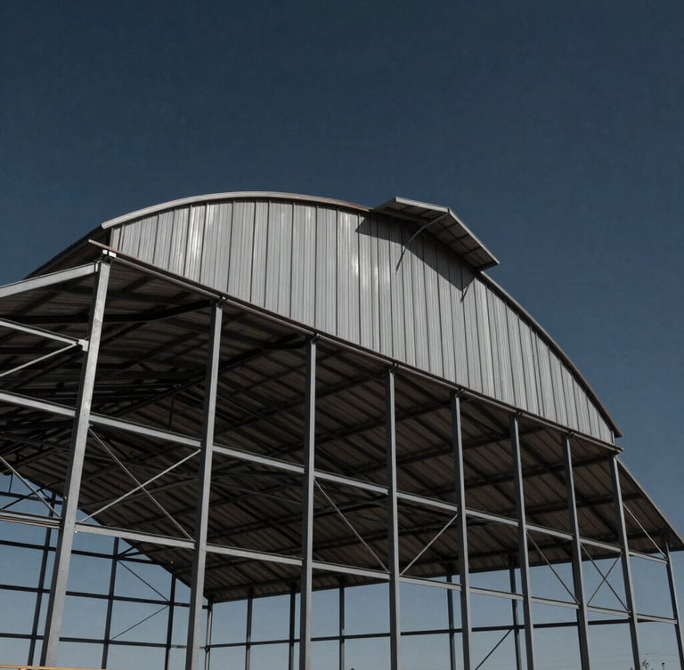 Low-angle architectural shot of a massive engineered steel barn frame rising against a dramatic Texas sky, high contrast navy and charcoal tones, sharp daylight
