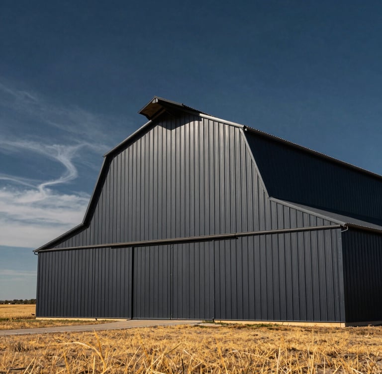 Low angle architectural shot of a massive engineered metal barn standing in a golden Texas field under a dramatic sky, sharp lines, high contrast