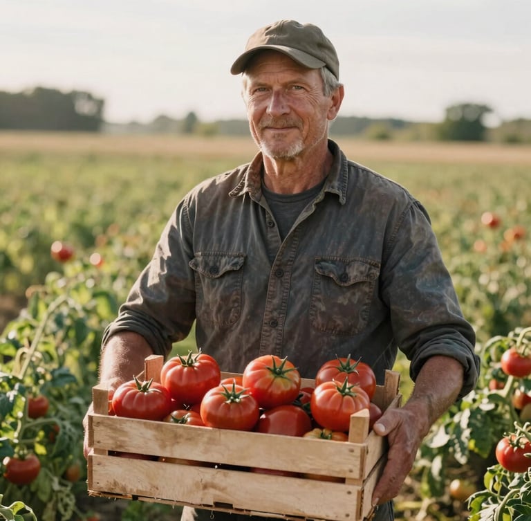 Soft natural light portrait of a heritage farmer in a sunlit field, holding a wooden crate of freshly harvested heirloom tomatoes, rustic Scandinavian aesthetic.