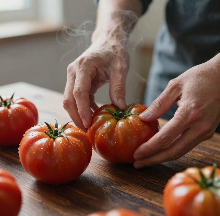 A close-up, natural-light shot of hands prepping fresh heirloom tomatoes on a dark wooden table, soft steam rising in the background, Scandinavian aesthetic.