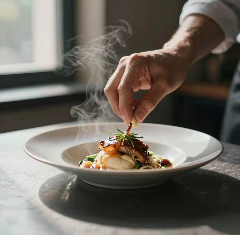 A close-up of hands plating a dish at the pass, soft directional window light, high shadow contrast, steam rising.