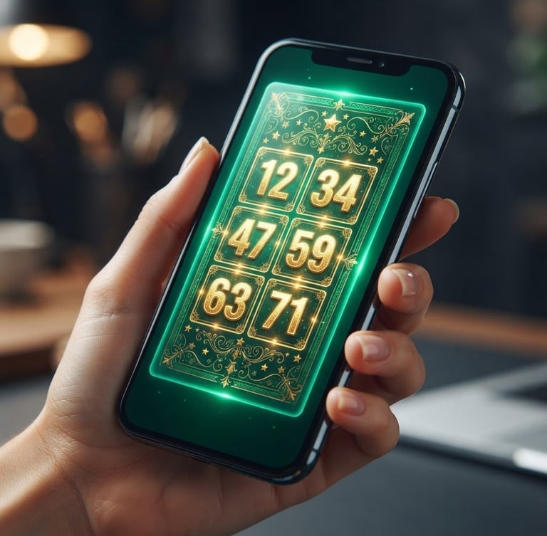 Close-up of a modern smartphone displaying a transparent lottery ticket with golden numbers, bright studio lighting, emerald green glow, sharp focus