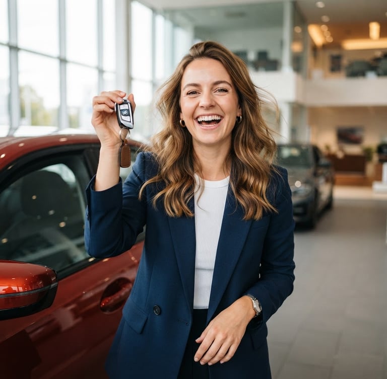 Authentic medium shot of a happy winner holding new car keys, bright natural studio lighting, rich saturated tones, modern editorial photography