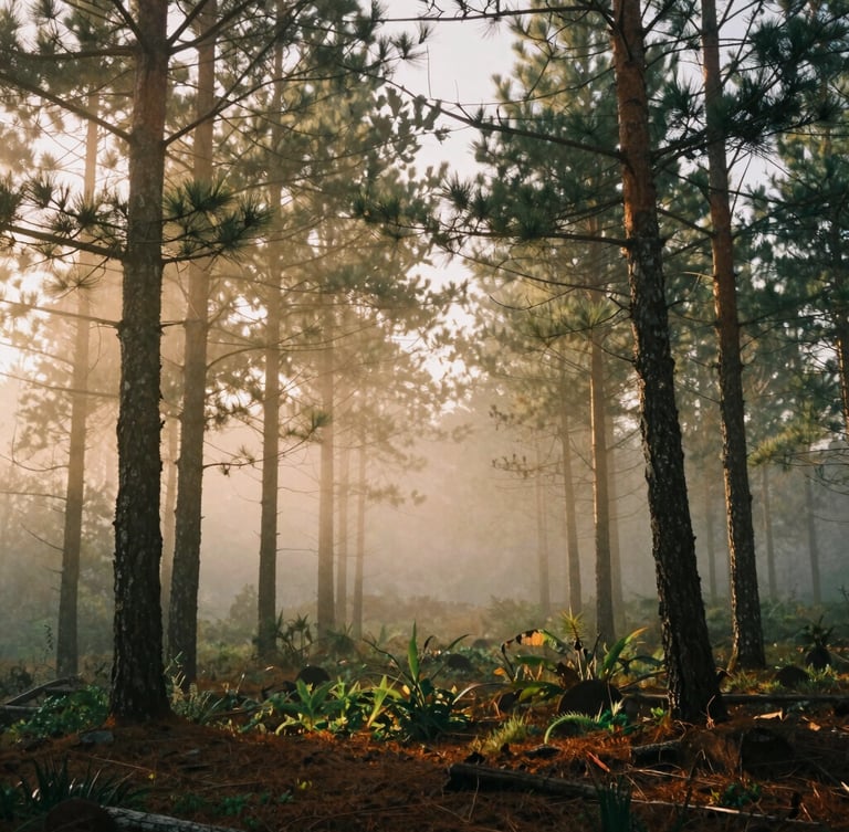 Misty morning pine forest in the Sierra de Hidalgo, soft fog rolling through tall trees, warm golden hour sunlight filtering through branches, earthy green and clay tones, 35mm film style landscape.