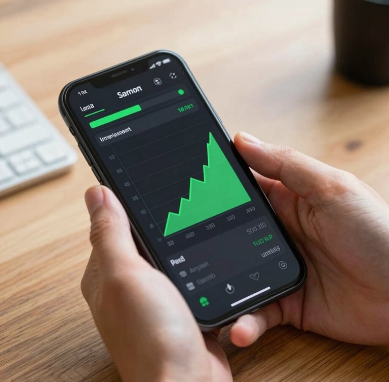 A clean close-up of a mobile screen showing a lead dashboard with green growth charts, held by hands over a wooden desk in bright Australian daylight.
