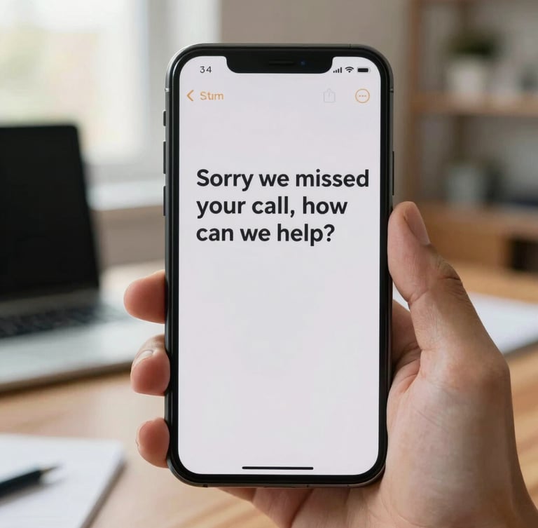 A close-up of a smartphone screen held in a hand, displaying an instant automated text reply saying 'Sorry we missed your call, how can we help?', warm daylight, natural office background.