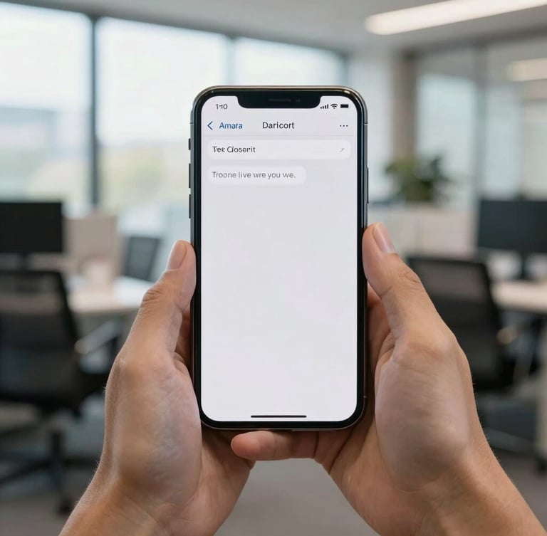 Clean close-up of hands holding a mobile phone displaying a prompt automated text response, bright natural Australian office daylight, straight-on framing, focusing on human-scale technology.