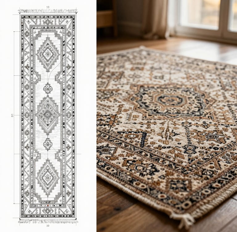 A split-screen composition. On the left, a detailed technical CAD drawing of a geometric carpet pattern with annotated dimensions. On the right, a close-up of a finished hand-knotted wool rug matching the pattern, soft side lighting, rich earthy neutrals, shallow depth of field.