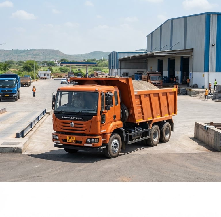 A powerful modern orange tipper truck parked at a clean industrial transport hub in Madhya Pradesh, bright natural daylight, sharp focus, 35mm lens