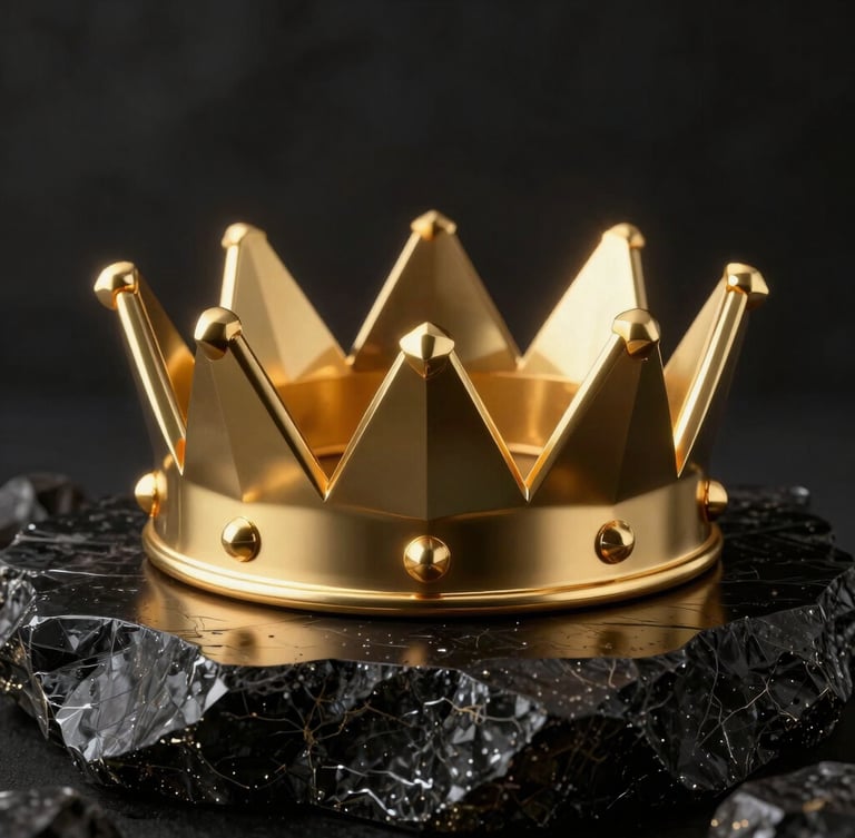 Macro close-up of a heavy 3D gold crown with sharp geometric facets, resting on a dark obsidian monolith, dramatic golden rim lighting, octane render