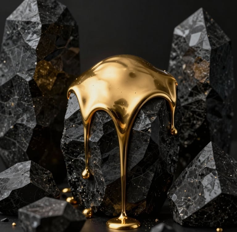 A close-up portrait of liquid gold dripping over dark geometric obsidian monoliths, dramatic chiaroscuro lighting, octane render.
