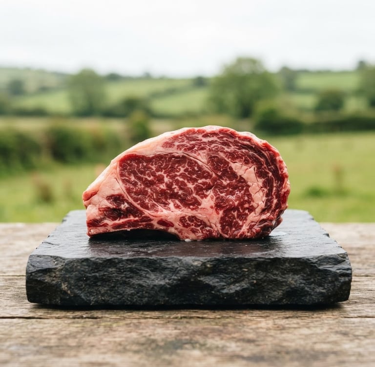 Crisp editorial close-up of raw fresh beef ribeye minimally styled on a dark slate block, bright natural overcast daylight, shallow depth of field