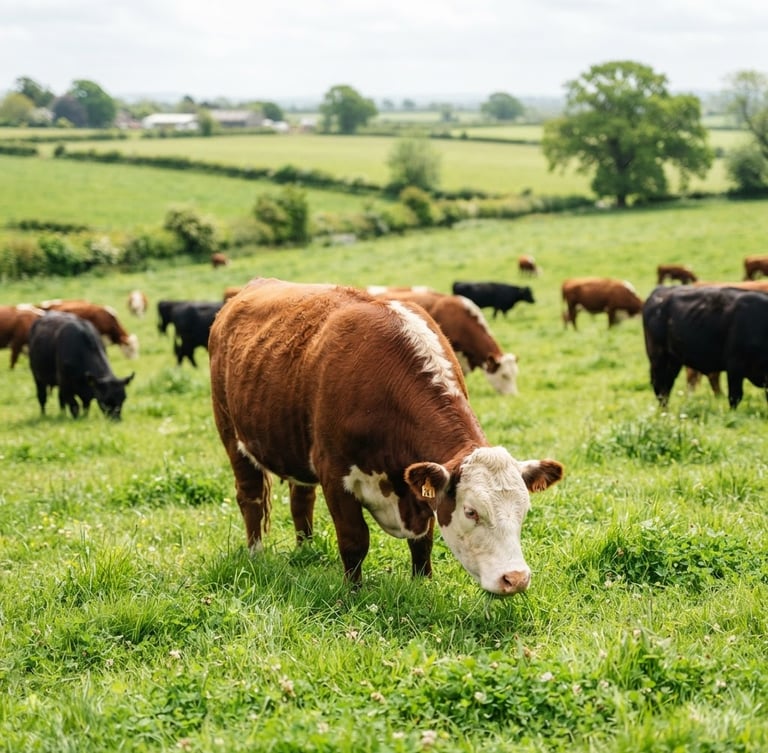 A crisp, bright environmental shot of healthy cattle grazing on clean green pastures under bright natural overcast daylight, rich organic tones, shallow depth of field, premium agricultural editorial photography.