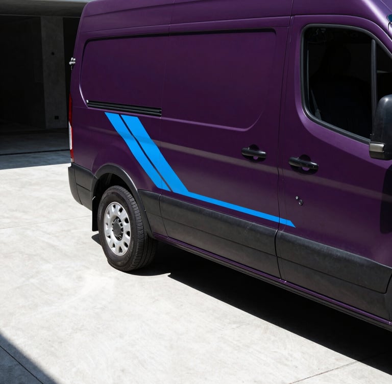 Close-up of a matte dark purple utility van with sharp electric blue geometric branding lines, parked in a modern concrete courtyard, dramatic high-contrast lighting
