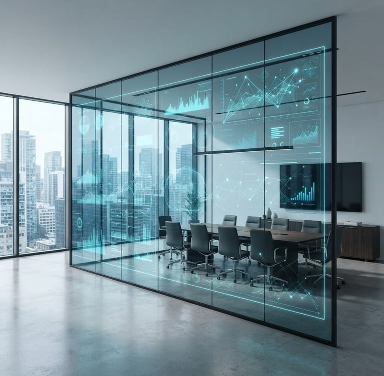 Wide-angle view of a minimalist corporate boardroom, a large architectural glass partition wall glowing with crisp cyan data visualizations, sharp focus on the glass edge, cool architectural daylight, 35mm.