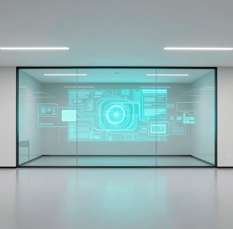 Wide-angle architectural interior shot of a minimalist corporate boardroom with a glowing smart glass partition screen displaying abstract cyan data visualizations, crisp daylight, sharp focus, 35mm