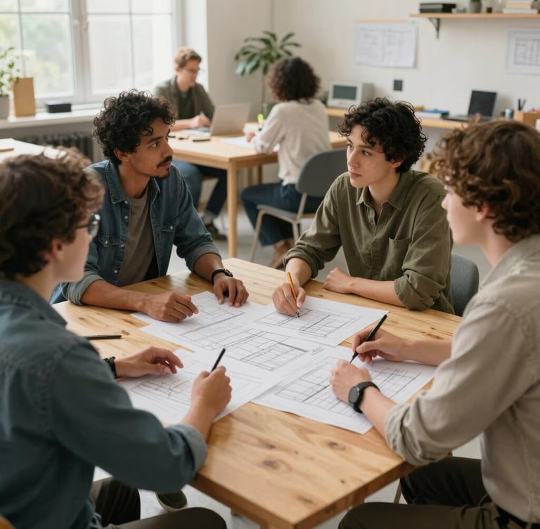 A warm, daylight-filled community workshop room where diverse professionals sit around a light wood table, gesturing over paper program blueprints.