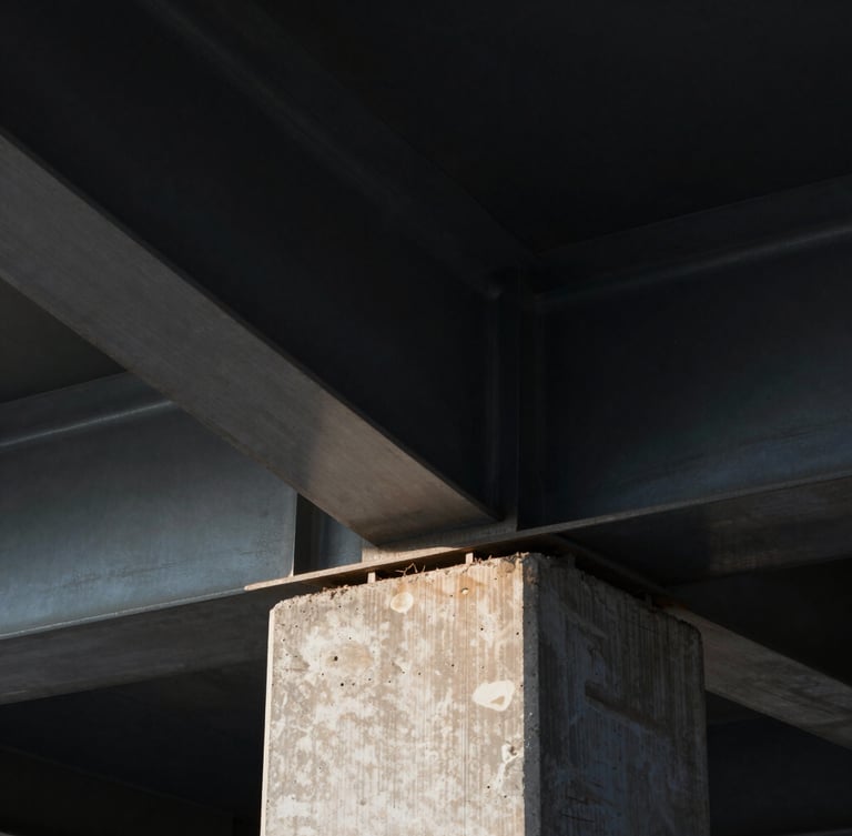 Extreme close-up of structural steel beams and raw concrete foundations under sharp, high-contrast side-lighting, architectural dignity, deep shadows.