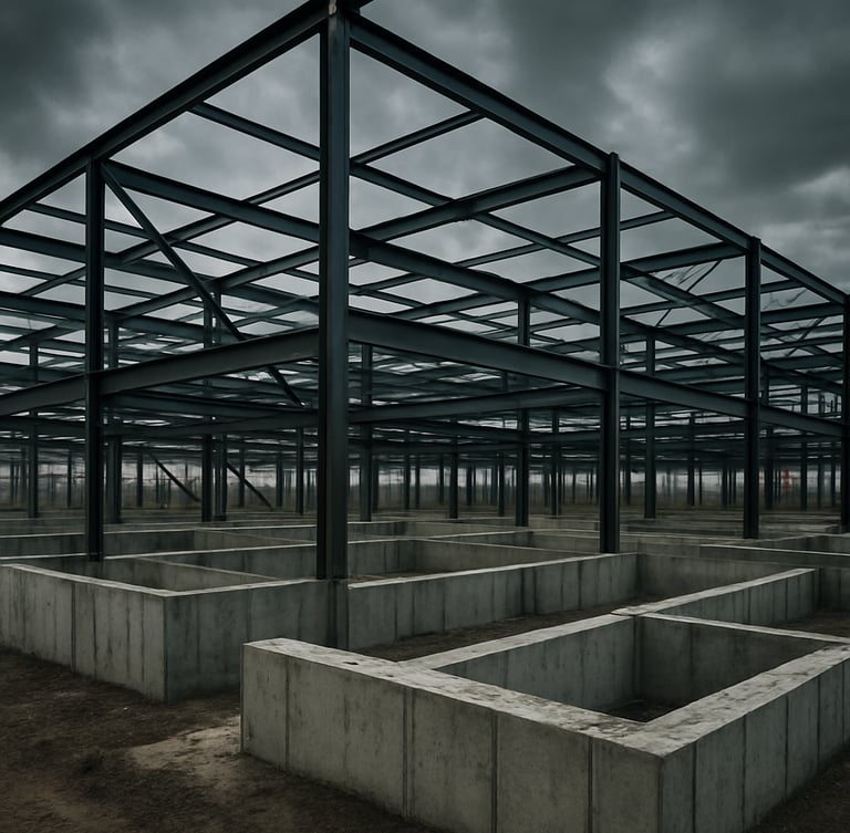 Wide architectural view of raw concrete foundations and structural steel beams at a commercial construction site, overcast dramatic sky, high-contrast side-lighting.