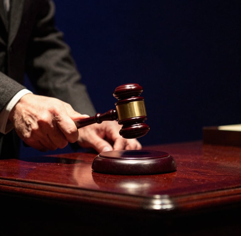 Close-up dramatic stage photography of hands holding a polished wooden gavel on a dark mahogany desk, dramatic chiaroscuro lighting, warm stage glow.