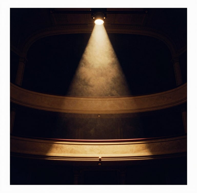 Low-angle dramatic stage photography of a single empty theater balcony bathed in a warm gold spotlight, deep navy shadows, 35mm film.