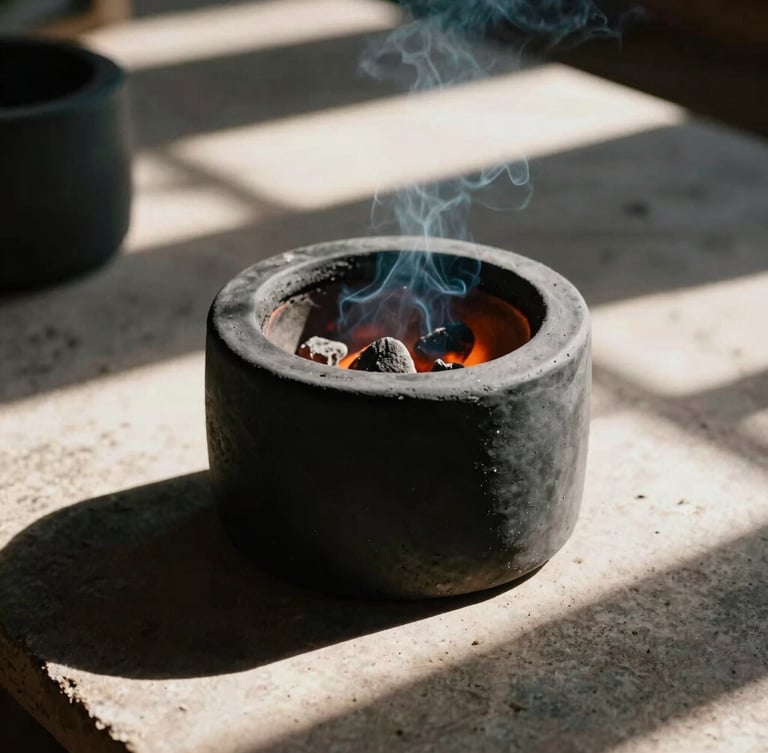Close-up of a raw black clay light fixture casing cooling in a smoking pit fire, embers glowing, harsh direct sunlight, dramatic shadows, 35mm film.