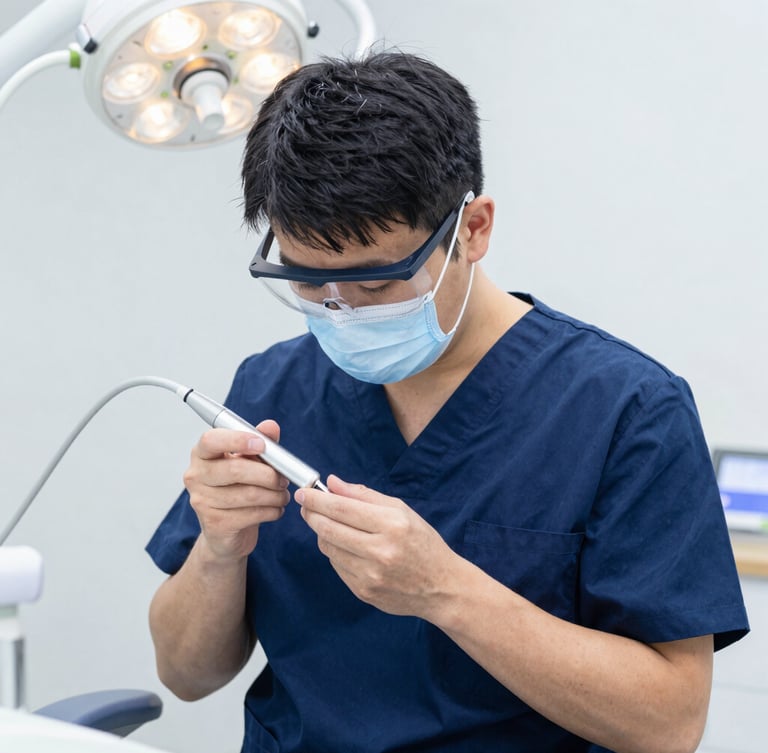 A dental resident in clean navy scrubs and protective eyewear adjusting a modern digital dental sensor, bright clinical lighting, professional dental school setting, 35mm lens