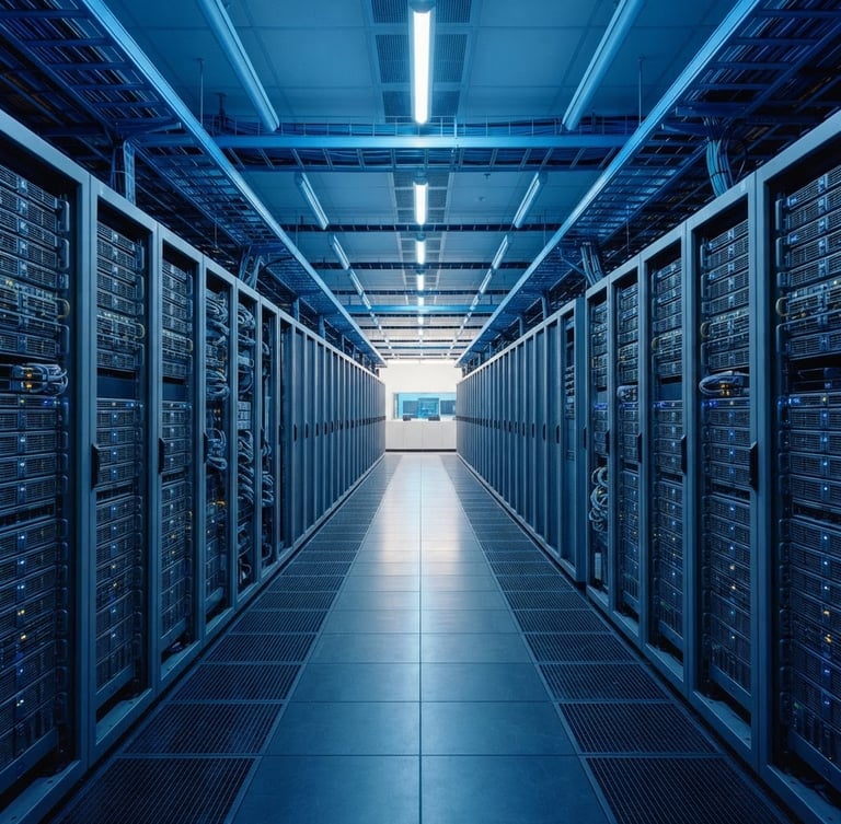 Symmetrical wide shot of a modern clean data center corridor with cool technical blue lighting, desaturated slate tones, sharp focus, 35mm