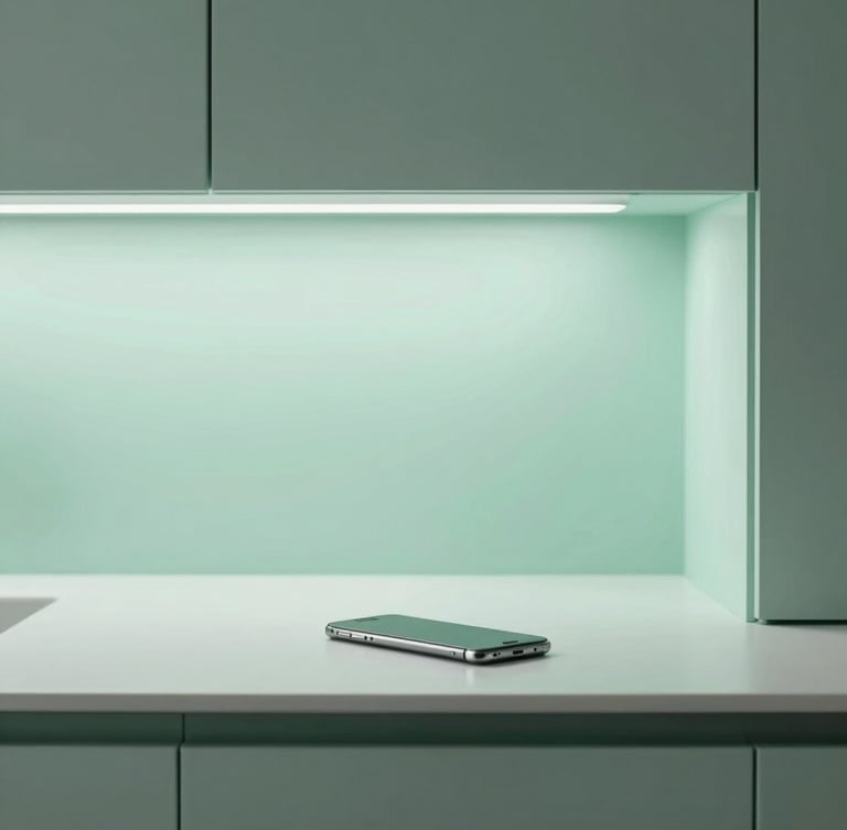 Sleek minimalist kitchen counter in morning light, a single smartphone lying flat, soft mint-green ambient glow, architectural 35mm composition